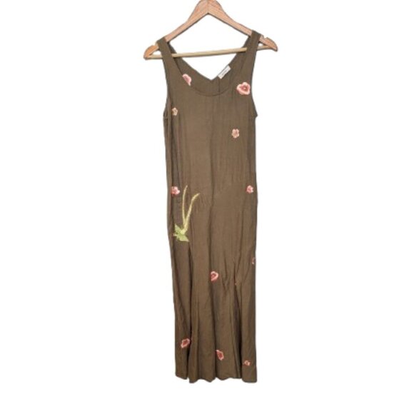 Lecomte Dresses & Skirts - LeComte Linen Embroidered Maxi Dress | Khaki Green | Floral Tank Style